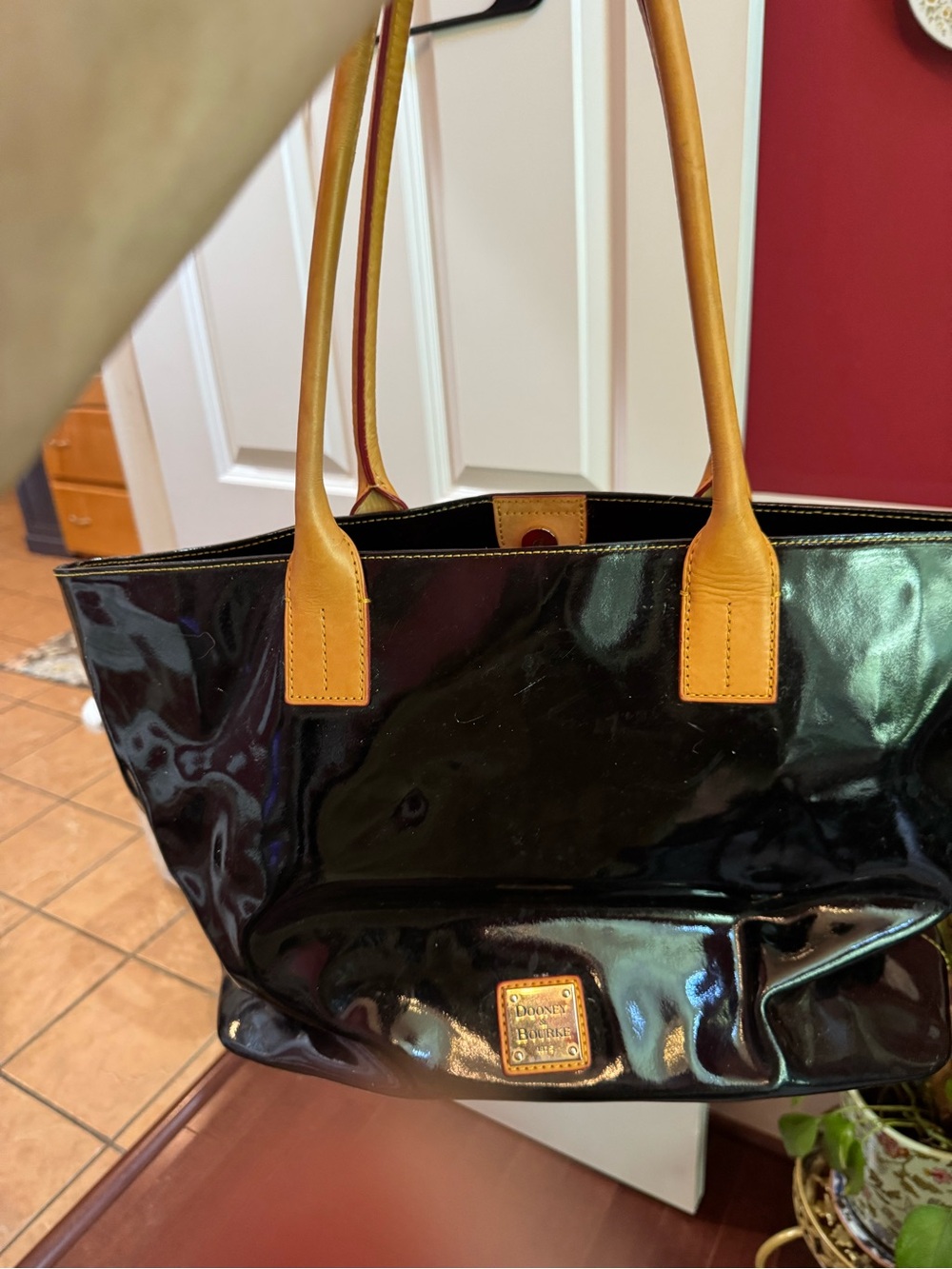 Dooney & Bourke Black Patent Tote with Tan Leather Trim